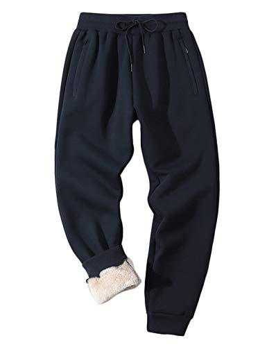 Jenkoon Mens Winter Thermal Sherpa Lined Sweatpants Running Active Fleece Athletic Jogger Trousers (Navy, Large)
