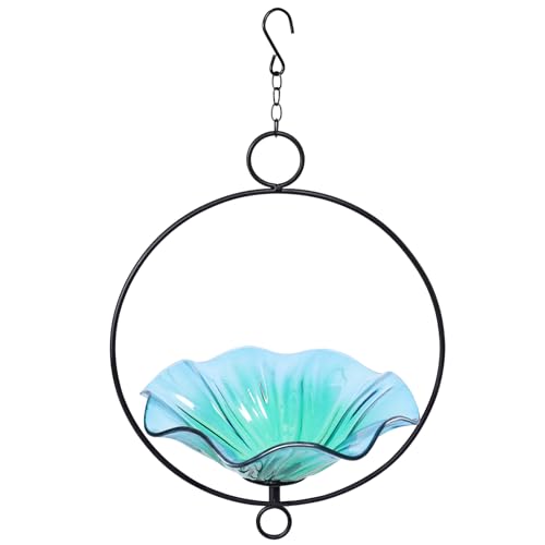 MUMTOP Hanging Bird Bath-Bird Baths for Outdoors - Flower Glass Bird Water Bowl with Hanging Circle, Bird Feeders for Outside, Garden, Lawn Yard Decor（Cyan）