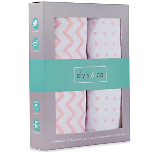 Ely's & Co Pack n Play , Portable mini Crib Sheet Set 100% Jersey Cotton Pink Chevron and Polka Dots for Baby Girl, 2 Pack