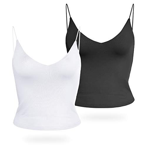 Queen.M Women's Basic Solid V Neck Spaghetti Strap Double Layer Cami Tank Crop Tops Casual Shirts for Ladies Women Teen Girls