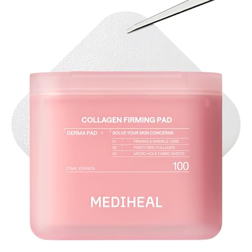 Image of MEDIHEAL Collagen Toner Pads, Skin Firming Korean Facial Pads with 98% Low-Molecular Collagen, Peptides & Retinol, Helps Restore Skin Elasticity, Removes Wrinkles & Fine Lines, Hydrating Daily Toner, Vegan (100 Count, 170ml)