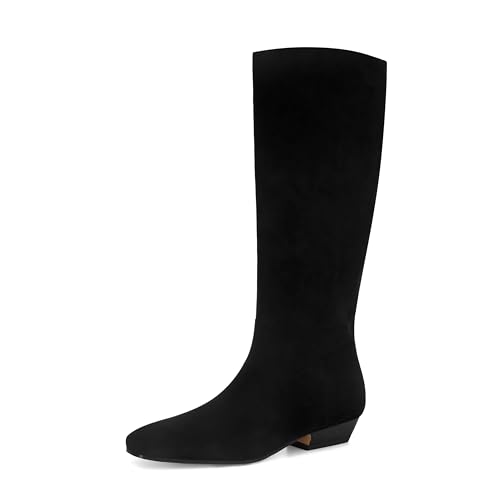 MAIJED Knee High Boots for Women Square Toe Tall Boots Chunky Low Stacked Heels Long Boots Suede Pull on Wide Calf Comfy Dressy Fashion Casual-Black