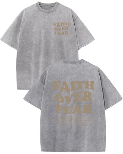 Image of Christian Shirts for Men Faith Over Fear Oversized Shirt Acid Wash Tshirt Graphic Religious T Shirt Bible Verse Tees