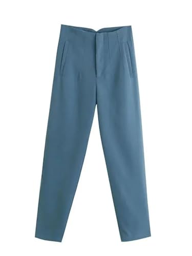 Women's High Waist Straight Leg Pants - Light Blue Office Trousers with Zipper Fly Vintage Style Comfort Fit