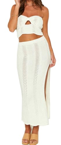 Womens Sexy 2 Pieces Knitted Tube Tops Bodycon Split Skirts Party Clubwear Dress Outfits Set