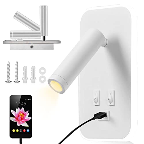Lámpara de Pared LED, Luz de Lectura Junto a la Cama, Aplique de Pared Cabecera Ajustable, con Puerto de Carga USB e Interruptor, Luces de Pared de Pasillo, Lámpara de Noche, Color Blanco