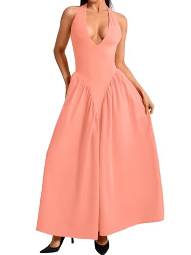 Image of ChiaoLezhee Deep V Neck Dress, Halter Maxi Dresses, Vacation Date Night, Sexy for Women Corset Flowy Wedding Guest Drop Waist