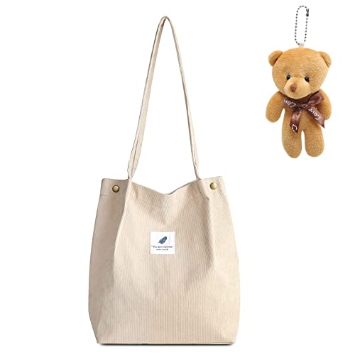 CAMILIFE Femme Tote Bag en Velours Côtelé Sac Velours côtelé Dames Fille Lavable réutilisable Sac Transport Grand Sac à bandoulière Sac à Main Shopper pour école Travail Plage Voyage (beige) Cover