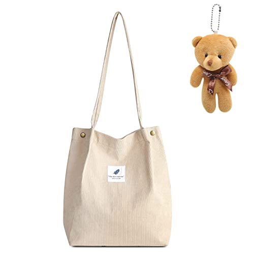 CAMILIFE Cord Tasche Damen Cord Umhängetasche Damen Yoga Tasche Henkeltasche Groß Tote Bag School Schultertasche Shopper Damen für Alltag, Büro, Schulausflug und Einkauf(Beige)