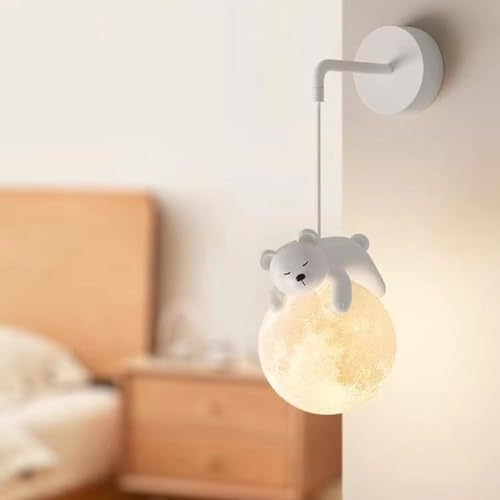 Applique murale câblée pour chambre d'enfant, impression 3D, boule de lune, chambre à coucher, animaux de dessin animé mignons, lapin, panda, ours, lampe de chevet nordique à intensité variable