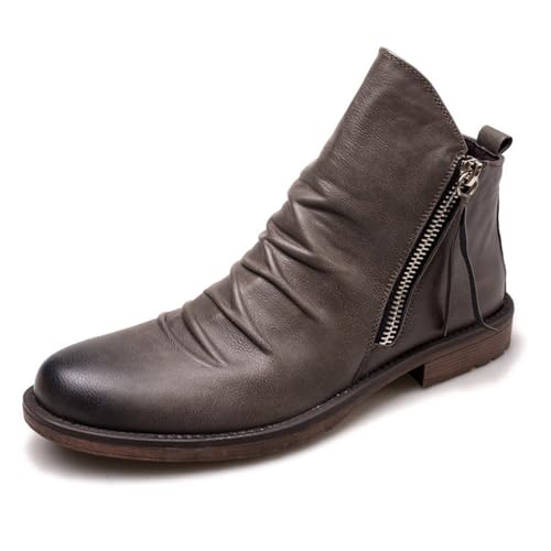Yuizko OXNGEOS Men'S Retro Leather Chelsea Ankle Boots Classic Fashion Side Zipper Low-Heels Slip On Business Dress Oxford Boot Casual High Top Chukka Boots