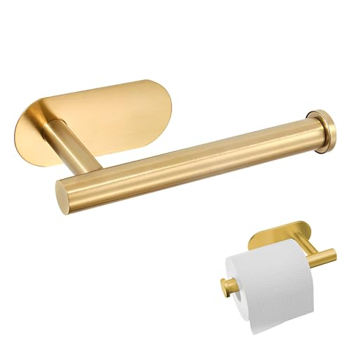 Image of Toilet Roll Holder Wall Mounted Gold – Self Adhesive Toilet Paper Holder No Drilling – SUS 304 Stainless Steel Brushed Brass Toilet Roll Holder for Bathroom and Kitchen