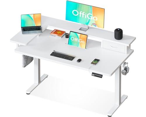 OffiGo Höhenverstellbarer Schreibtisch,Einteilige Tischplatte,120x60 Elektrischer Schreibtisch mit L-Monitorhalterung, Standing Desk mit Schublade, Stehpult mit USB, Ergonomischer Computertisch, Weiß