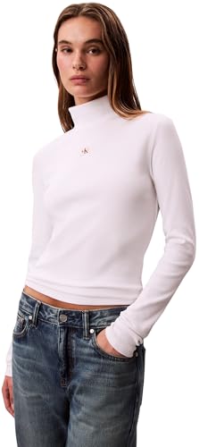 Calvin Klein Women's Long Sleeve Woven Top with Roll Neck, White (Brilliant White), XXS