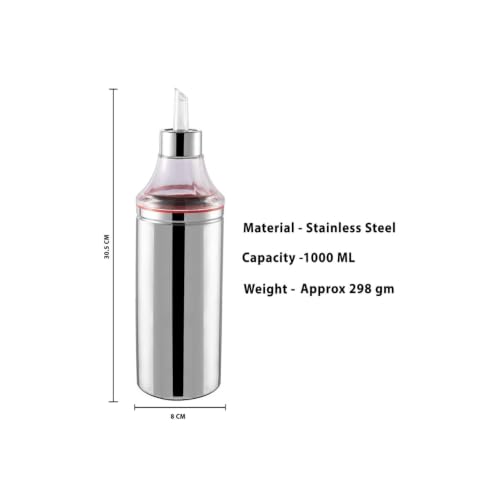 Image of RUSH KITCHENWARE 1-Litres Easy Flow Stainless Steel Oil Dispenser Bottle with Lid and Cap | Air-Tight Spill-Proof | Food Grade Oil Pourer, Silver, 1000ml