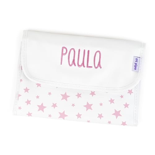 Mi Pipo   Portadocumentos Bebe Personalizado con Nombre y Estrellas   Rosa | Funda Porta Documentos de Bebé | Polipiel con Cierre Velcro y Compartimentos | Ideal para Guarderia, Excursiones y Viajes