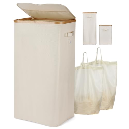 Image of yamagahome Laundry Basket with Lid, 100L Collapsible Large Laundry Hamper with 2 Removable Laundry Bag and Upgrade Lid Design, Waterproof Laundry Basket Storage Made of Bamboo and Oxford