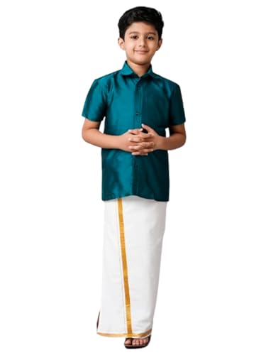 Image of RAMRAJ COTTON Boys Silk Cotton Shirt With Adjustable Cream Dhoti Perfect For Ceremonies| Festivals| And Special Occasions