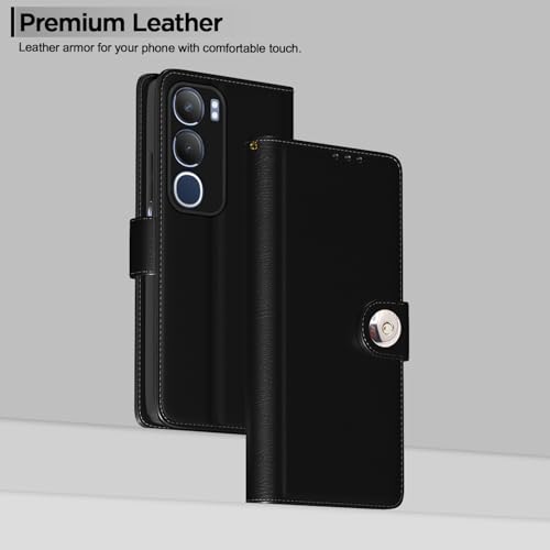 Image of Pikkme Flip Cover Leather Finish | Inside TPU with Card Pockets | Wallet Stand and Shock Proof | Complete Protection Button Flip Case for Vivo Y19s(Black)