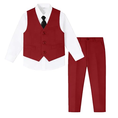 Image of Baby Boy Formal Suit for Toddler Infant Tuxedo Dress Suits | Little Gentleman, Wedding Ring Bearer Outfit, Vest Pants Long-Sleeve Shirt Tie, Birthday Party Christmas Prom, Classic