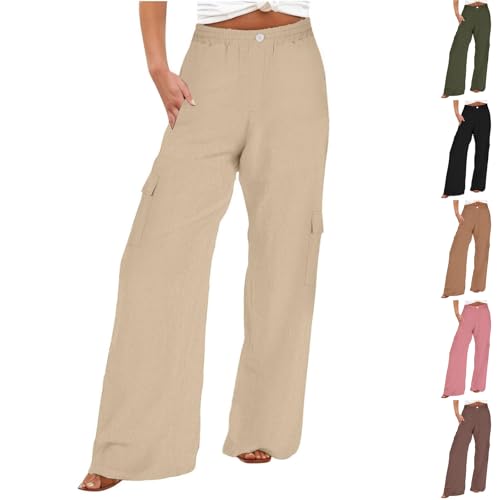 Baggy Linen Cargo Pants Women Lightweight Summer Gauze Wide Leg Hiking Pants Casual Elastic Waist Lounge Trousers
