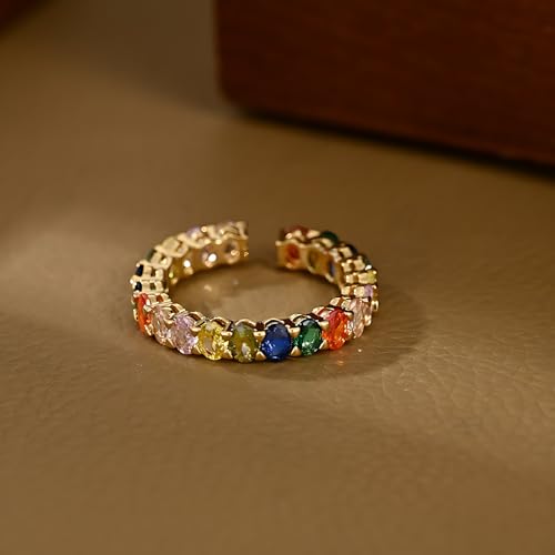 Rainbow Cubic Zirconia Gold Ring for Women, 18K Gold Plated Colorful Eternity Band, Dainty Stackable Open Rings, Birthday Jewelry Gift2