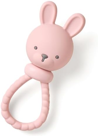 Itzy Ritzy Silicone Rattle Toy – Soothing Teething Toy with Soft Jingle Sound & Easy-Grip Textured Handle - for Ages 3 Months and Up (Bunny)