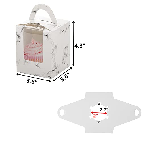 Peohud 100 Pack Individual Cupcakes Boxes, Portable Single Cupcake Container with Window Insert and Handle, Marble Bakery Display Boxes Muffin Gifts Carriers for Wedding, Birthday Party