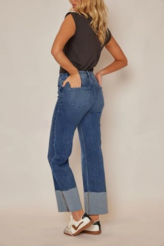 Lesore Womens High Waist Wash Denim Wide Leg Straight Leg Jeans Pants with Cuffed Hem3