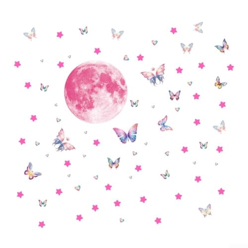 TDCuizent Pegatinas de pared que brillan en la oscuridad, calcomanías de estrella rosa y mariposa para niños, decoración de dormitorio, mural, luz nocturna, ambiente, seguro, material de PVC