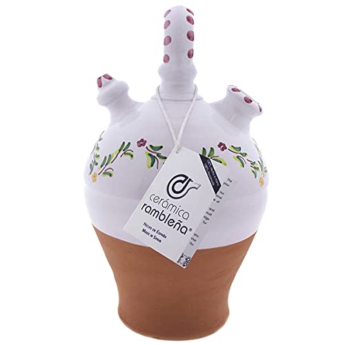 CERÁMICA RAMBLEÑA | Botijo de Barro Rojo | Botijo Decorado asa Redonda Base Vuelta Cenefa Verde-Rosa - Modelo D08 de La Rambla (Córdoba) | 100% Hecho a Mano | 3.5 litros | Eco