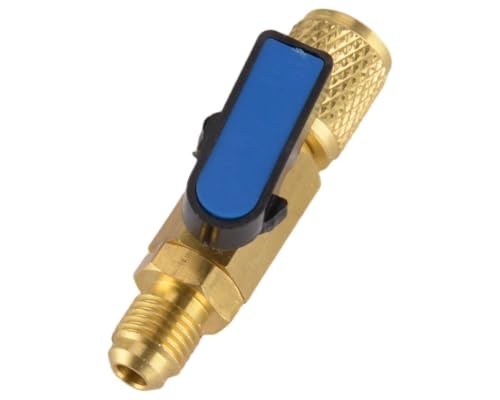 Válvula de cierre rápido recta de 1/4" SAE color azul para recarga de refrigerantes HVAC R134A, R22, R12 y R410A