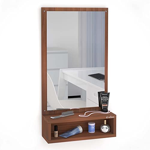 Image of Anikaa Jinny Engineered Wood Dressing Wall Mirrors Wall Hanging Mirrors with Shelf Decorative Wall Mirror Dressing Table for Bedroom Living Room (Walnut) Matte Finish, Rectangular