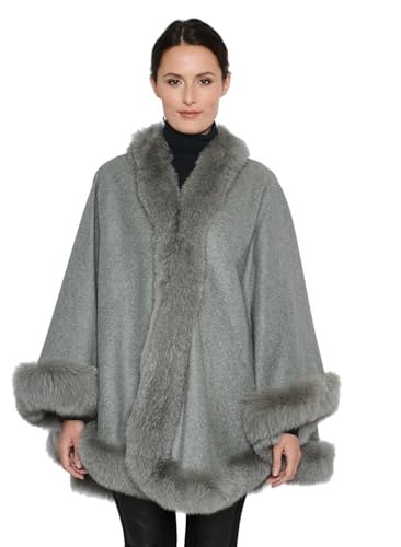 Womens Cape Coat- Luxury Cashmere Ponchos for Women with Fox Fur Trim- Pure Cashmere Wool Elegant Coats for Women (Medium Grey)