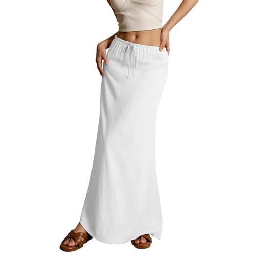 Linen Maxi Skirts for Women Summer Trendy Drawstring Waisted Comfy A Line Long Skirt Boho Flowy Vacation Beach Skirt