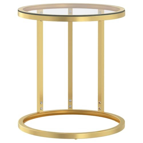 QJBSAVVA Table d'appoint Moderne en Verre Trempé et Fer Doré, Bout de Canapé Rond Ø 45 cm, Guéridon Élégant pour Salon et Chambre, Structure Stable et...