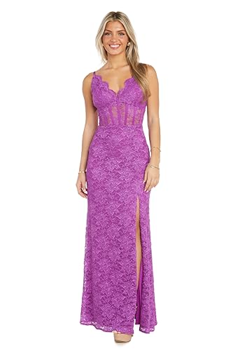 Image of Long Lace Corset Gown W /Illusion Scallop Bodice, Spaghetti Straps & High Slit