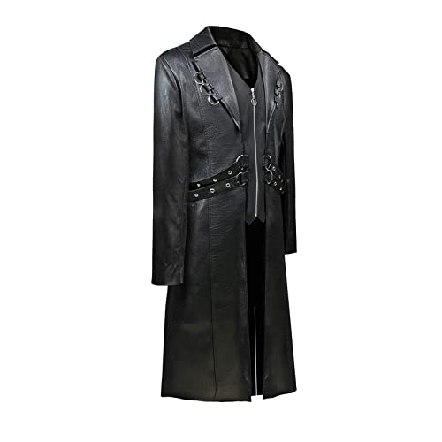 TZMAPU Men's Faux Leather Motorcycle Trench Coat Black Long Punk Jacket2