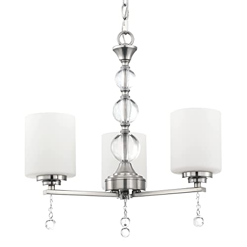 Doraimi Lighting Classic Industrial 3 Light Contemporary K9 Crystal Chandeliers Frosted Glass Shade Brushed Nickel Modern Light for Dining Room Living Room Corridor Kitchen Island