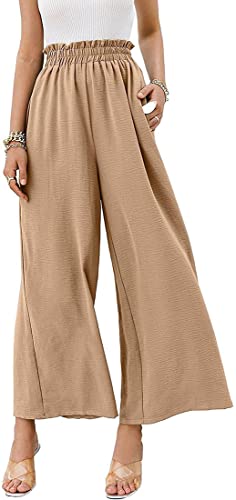 FLYCHEN Femme Pantalons Fluide Large Grande Taille Eté Coton Décontractée Pilates(Kaki,L) Cover