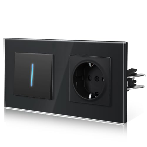 BSEED Enchufe y Interruptor,interruptor Conmutador con Garfio,Basculante con Pilotitos LED,Panel de Vidrio,Seguridad Infantil,Fácil Instalación,E-Serie,1 Gang 2 Vía Con Enchufe,157mm Negro
