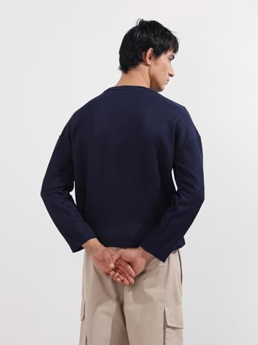 Image of The Indian Garage Co Men Boxy Textured Full Sleeves Crew Neck T-Shirt