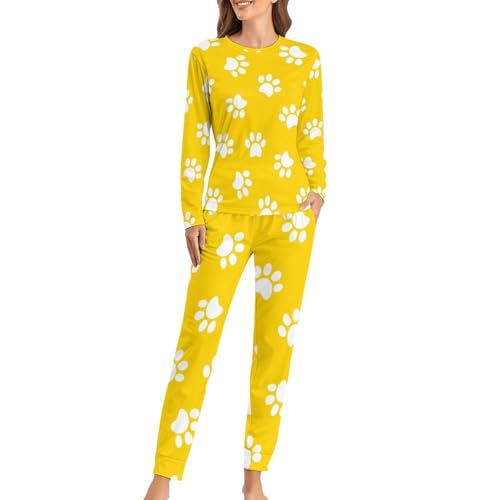 Pyjama femme t-shirt manches longues pantalon sleepwear empreinte de patte jaune