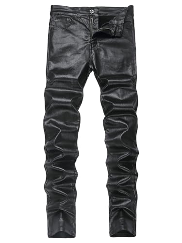 Mens Disco Faux Leather Skinny Pants for Men Stretch Slim Fit Costume Night Club Theme Party Black