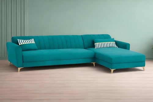 Image of Adorn India Premium Luster 6 Seater L Shape Sofa Set | Velvet Suede Fabric | 3-Year Warranty | RHS |Color Aqua Blue with Golden Legs & Striped Pattern Cushion