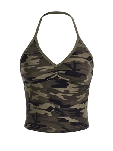 GORGLITTER Damen Top Neckholder Tops Camouflage Muster Sommertop Bauchfreie Oberteile Ärmelloses Trägertop Rückenfreies Trägershirt Freizeittop...
