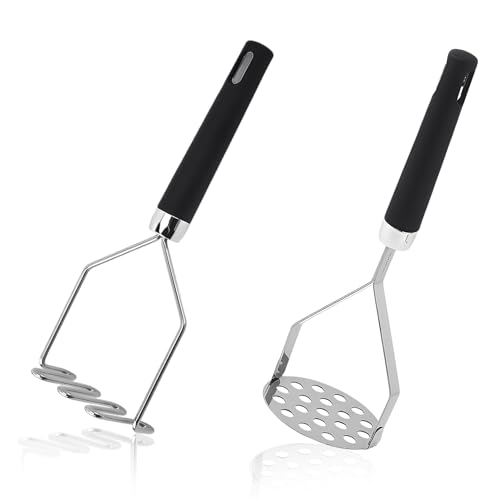 2Pcs Potato Masher, Premium Stainless Steel Mashed Potato Masher Kitchen Tool with Silicone Handle, Kitchen Tool for Avocado Vegetable Sauce Butter Pumpkin Puree Bean, Dishwasher Safe
