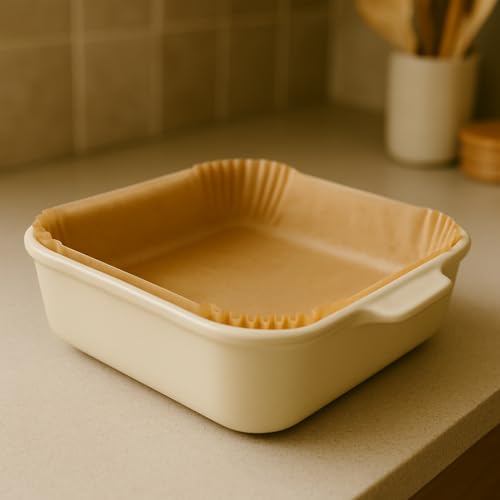 BakeBarn 8 Inch Square Pre-Formed Parchment Paper, Plastic Free Packaging, Natural Unbleached Food Grade Non-Stick Liners, High Heat Safe, Designed in USA, 50 Sheets