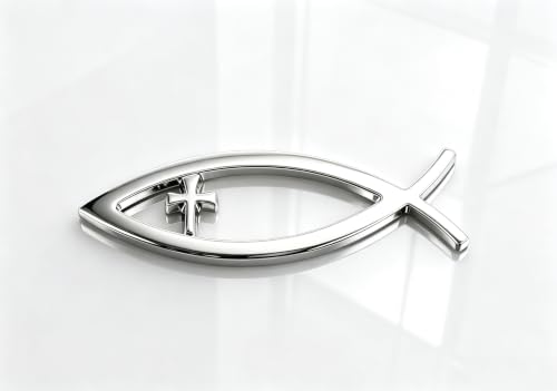 Image of 3D Chrome Emblem Badge Sticker Christian Fish with Cross Chrome Emblem Decoration for Car, Truck, Motorcycle, RV, Scooter, SUV, Door, Window (Silver Christian Fish)