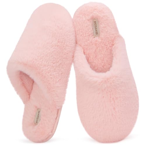 Snug Leaves Women's Fluffy Memory Foam Slip On Slippers with Cosy Faux Fur Lined House Shoes for Ladies Pink, 7-8 UK